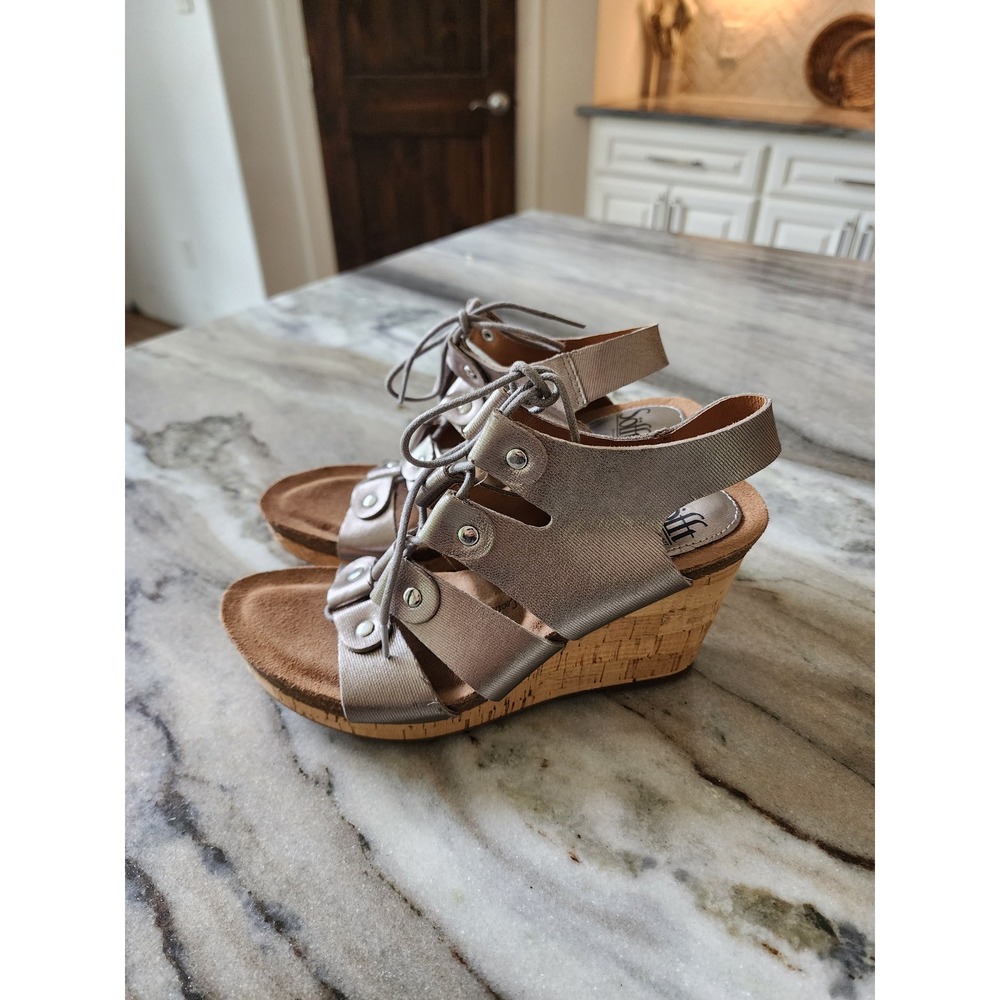 Sofft Metallic Pewter‎ Leather Lace Up Cork Wedge Sandals Studded Silver 7.5